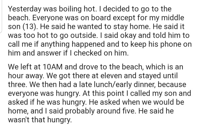 OP went to the beach to cool off with their kids, except for their 13 year-old son who preferred staying home. There, they had fun and ate lunch before returning back home