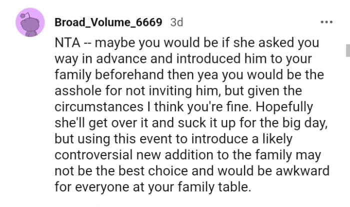 Hopefully, OP's sister will get over it