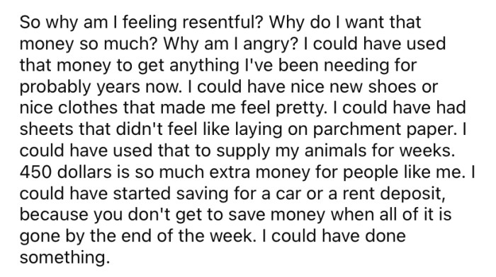 The Redditor says she just accepted that it must be the right thing for her to let her mother take the money, but understandably, she is feeling resentment about it.