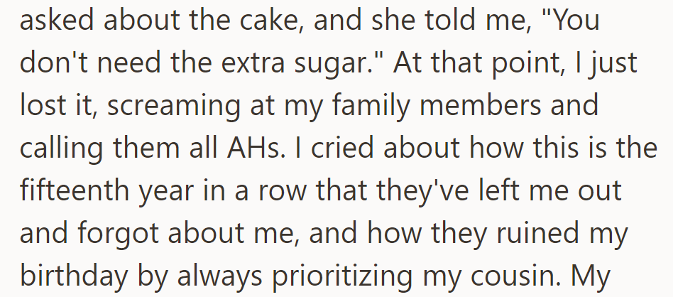 OP, denied her own cake, erupts in anger at her family for always prioritizing her cousin.