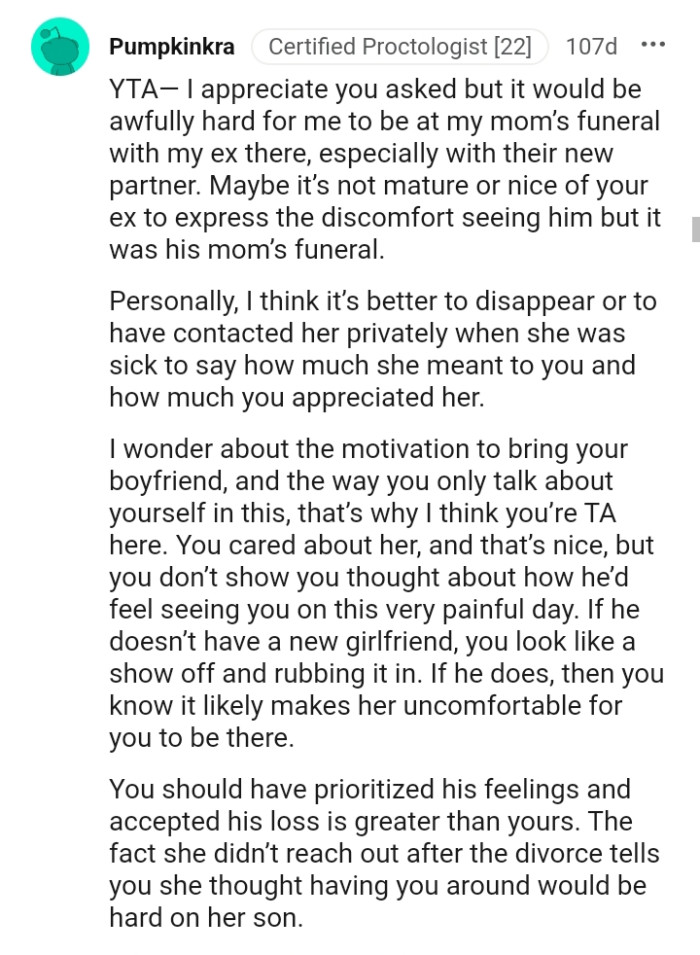 The OP cared about the ex's mom and that's nice