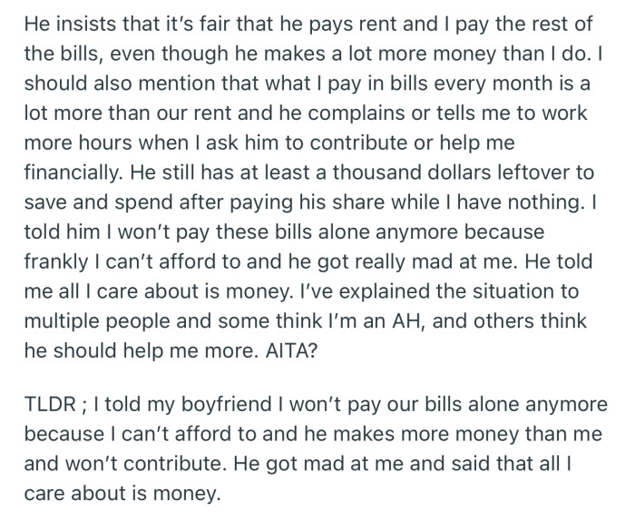 OP Wants to Renegotiate How Bills Are Split Between Her and Her Boyfriend, but He Feels the Current Arrangement Is Fair