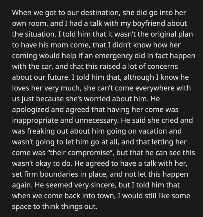 She did sit down with her boyfriend when they got to the hotel to dissect what just happened concerning his mom.