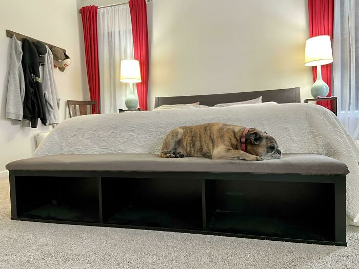 24. An Hemnes shelf found in the as-is area, upholstered with fabric to help dogs get onto the bed