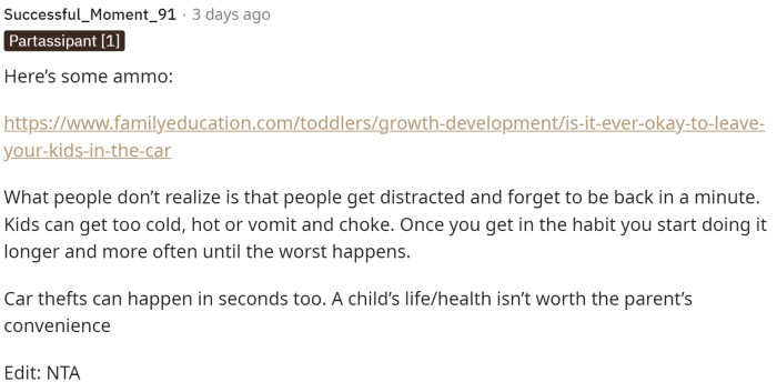 This person actually provided some resources for OP to show her husband. Maybe showing him what could happen would make him a bit more wary about leaving their child in the car.