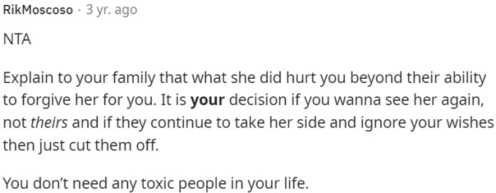 It is crucial for OP to express to his family the depth of hurt caused by someone's actions.