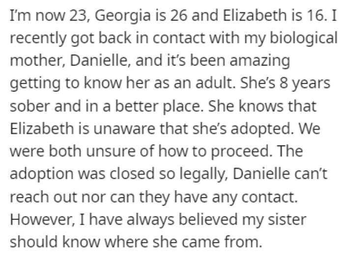 OP recently contacted his biological mother, who's been sober for the past 8 years, and he believes that Elizabeth should meet her too