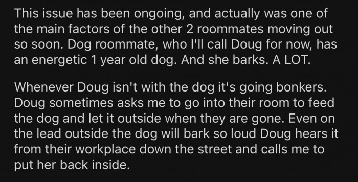 OP's roommate, Doug, has an energetic 1-year-old dog that constantly barks.