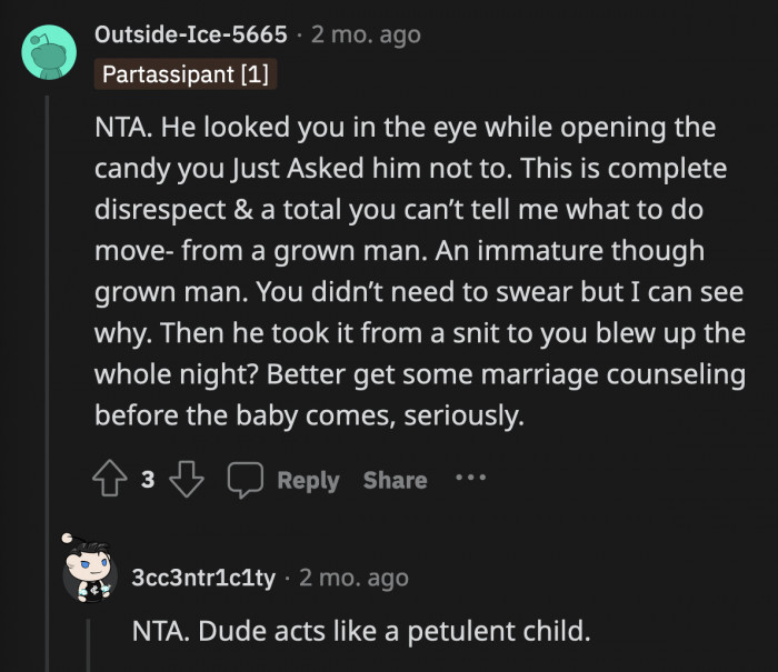 For the sake of their future child, they both should get therapy individually and as a couple because if this is how they fight...