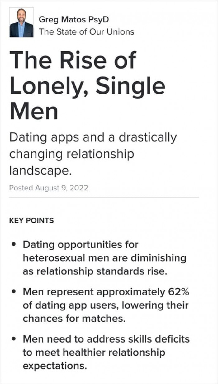 Greg listed the key points that explain why the number of lonely, single men is on the rise.