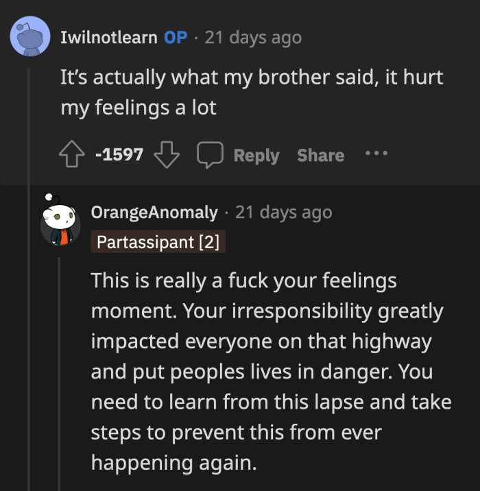 After Everything the Redditors Told Her, OP Was Still More Concerned About Her Feelings Than Admitting How Reckless She Was