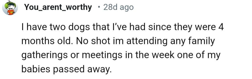 “No shot i’m attending any family gatherings or meetings in the week one of my babies passed away.”