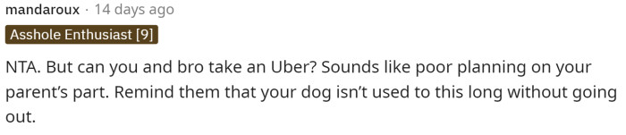 The first comment states that OP is NTA and suggests they explain to their parents why they'd like to go home early.