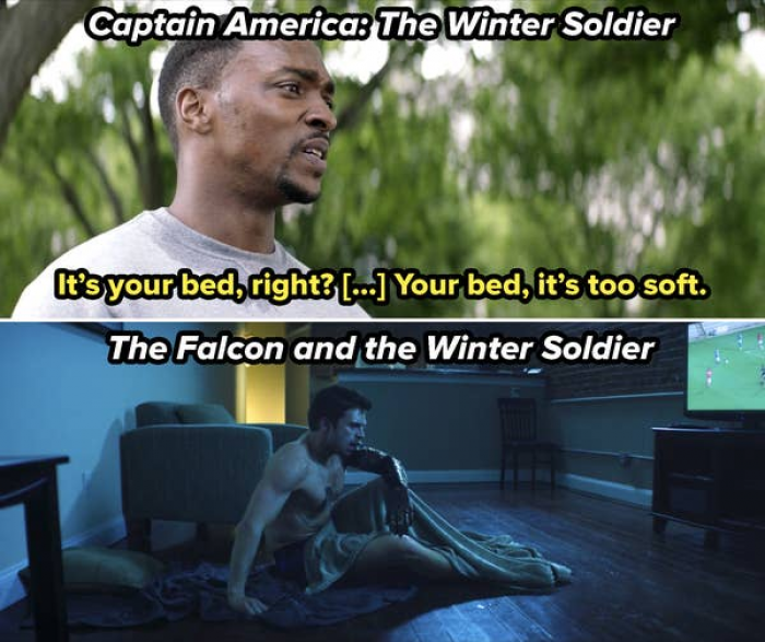 22. Bucky sleeping on the floor in 'The Falcon and the Winter Soldier' may be a reference to the conversation Steve and Sam had in 'Captain America: The Winter Solider'