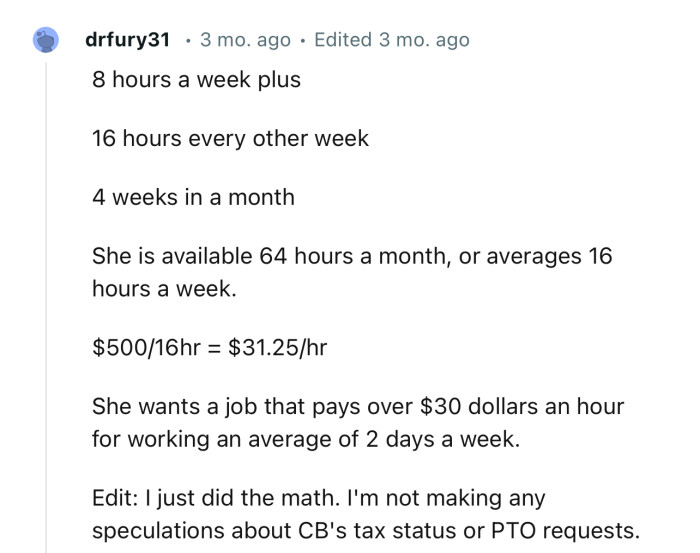 “She is available 64 hours a month, or averages 16 hours a week.”