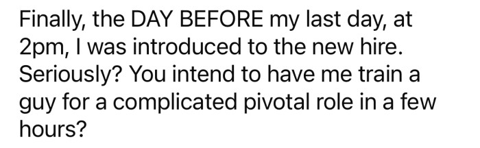 The new hire showed up right before OP's last day.