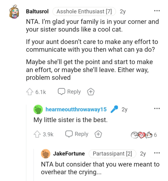 This Redditor is glad the OP's family is in her corner, and her sister is pretty cool