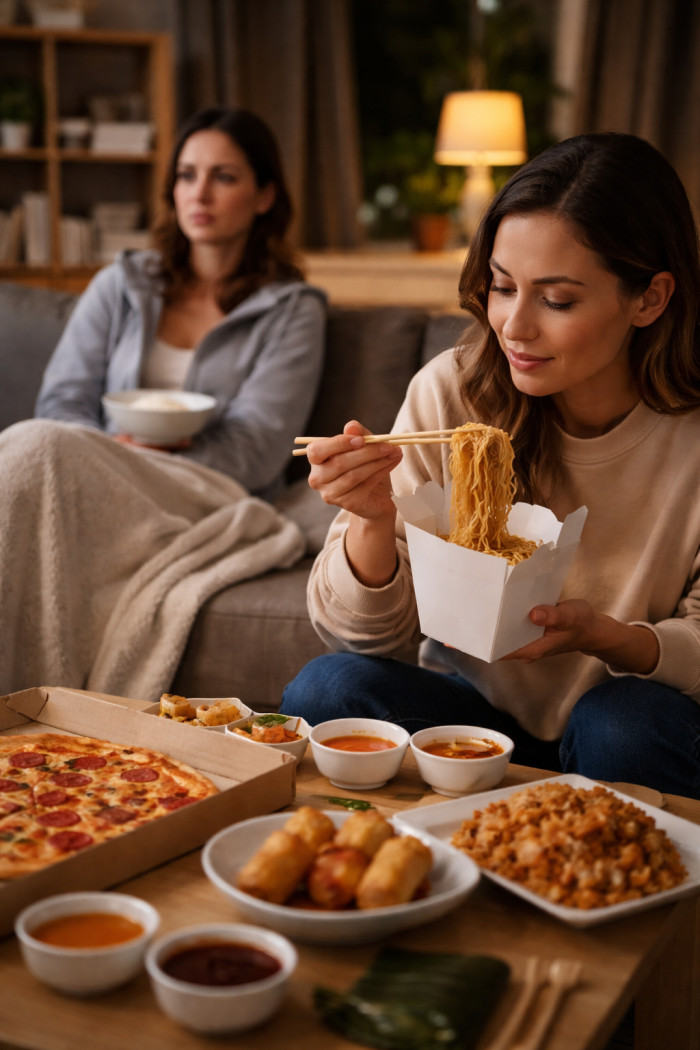 The OP ate the food casually in the living room while watching TV.