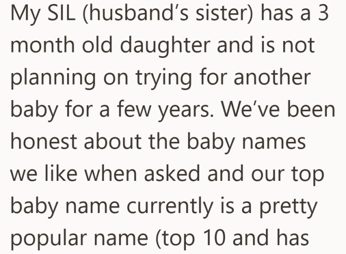 The groundwork gets laid. One sister already has a baby, no immediate plans for another, and the name conversation seems harmless enough.