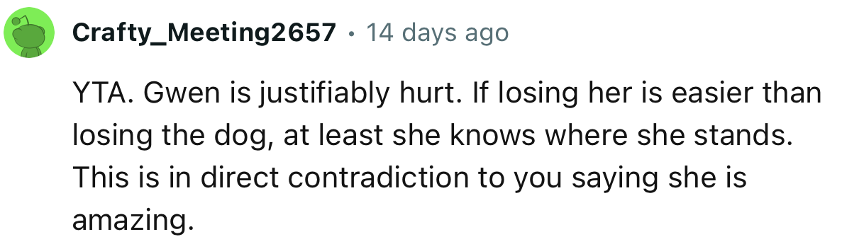 “YTA. Gwen is justifiably hurt. If losing her is easier than losing the dog, at least she knows where she stands.”