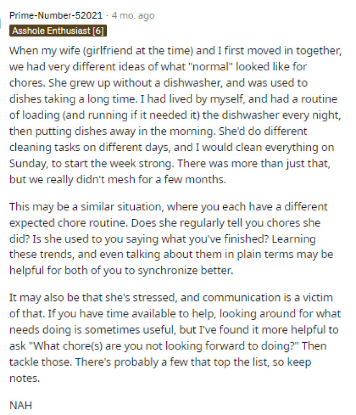 This may be an issue of not knowing what needs to be done around the house, but it seems like she might have other feelings going on too.