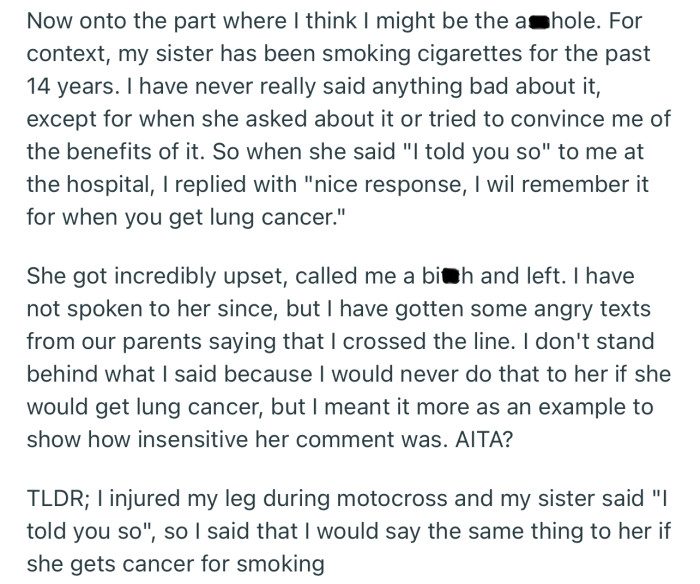 OP responded to her sister with a sinister clap-back that angered the entire family