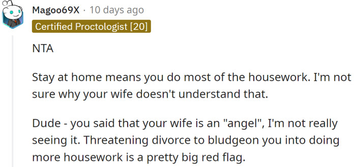 SAHM means that she should do most of the house chores