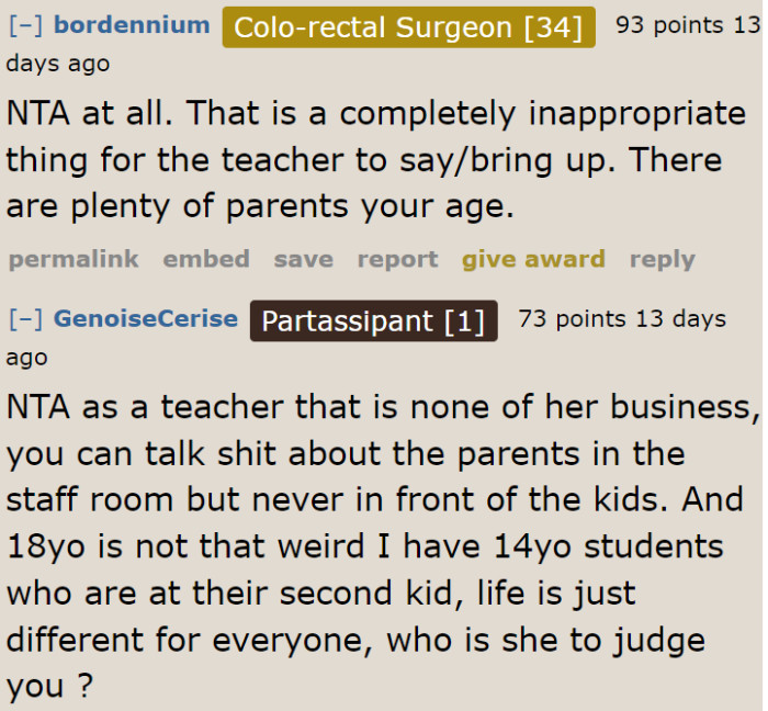 Why is the teacher making a big deal out of the parents' ages? There are a lot of young parents out there who take care of their children well.