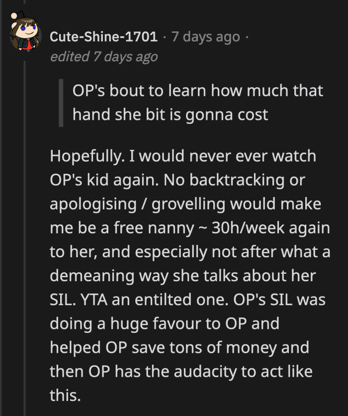 If OP's sister-in-law comes across her Reddit post, there is no chance in hell that she will ever babysit for her, even with pay.
