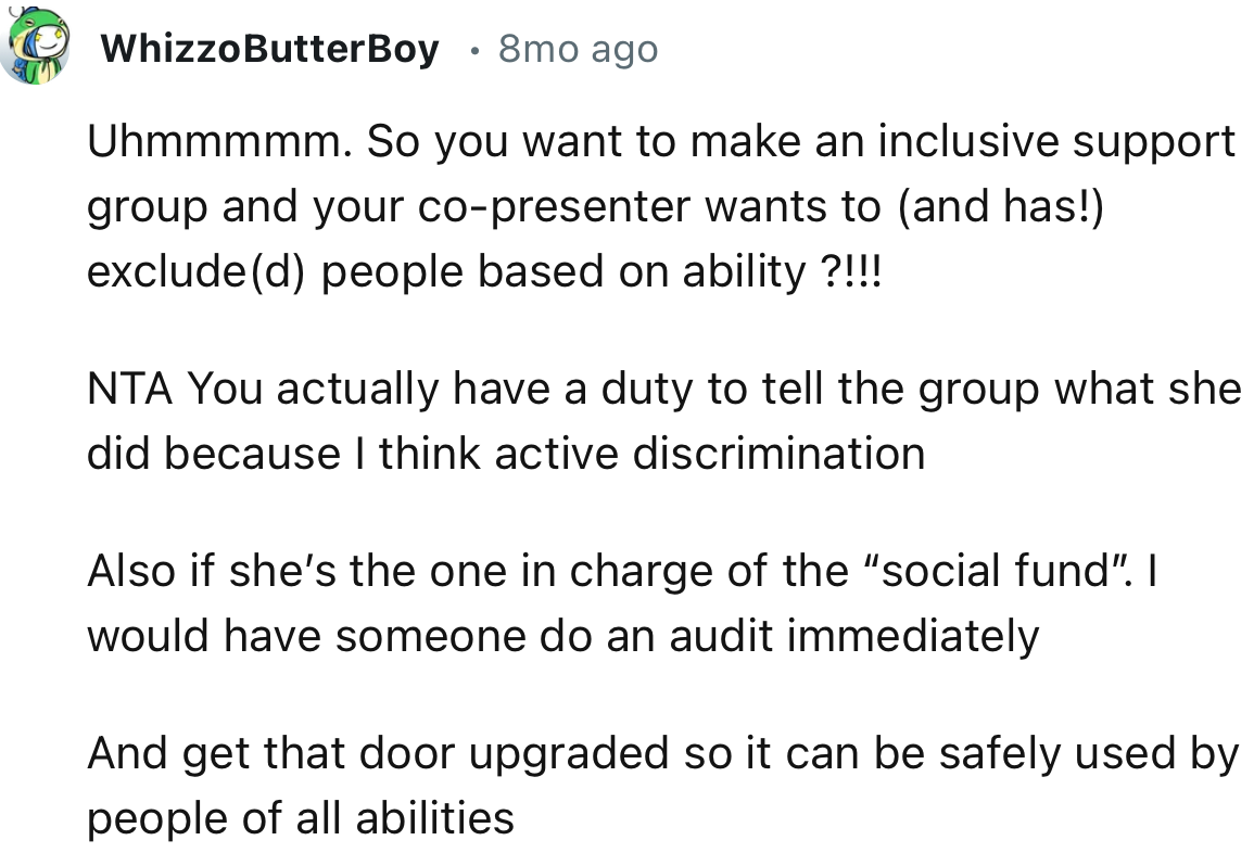 “ NTA You actually have a duty to tell the group what she did because I think this is active discrimination.”