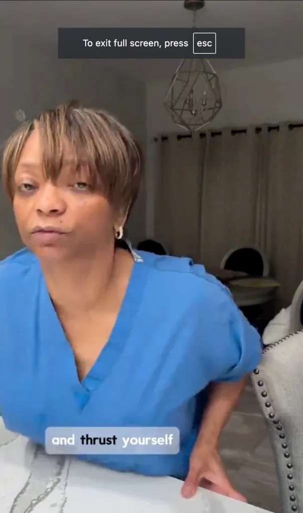 Dr. Tonia L. Farmer shows a method for using a countertop to help when choking on food by pressing your abdomen against it.