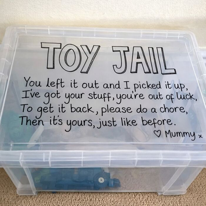 "A Toy Jail Bin Is A Funny Chore Idea For Kids Who Leave Their Toys Out Around The House"
