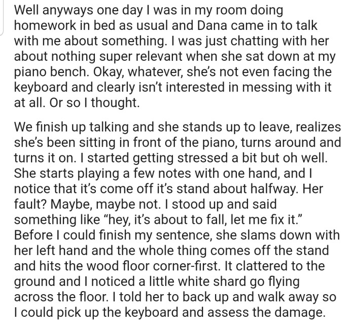 Dana accidentally pushed OP's cherished piano to the ground
