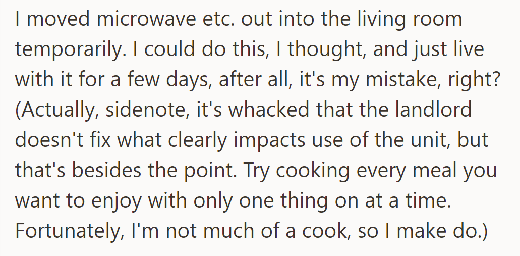 OP moved the microwave and other appliances to the living room temporarily, accepting the inconvenience. She is frustrated that the landlord neglects unit issues.
