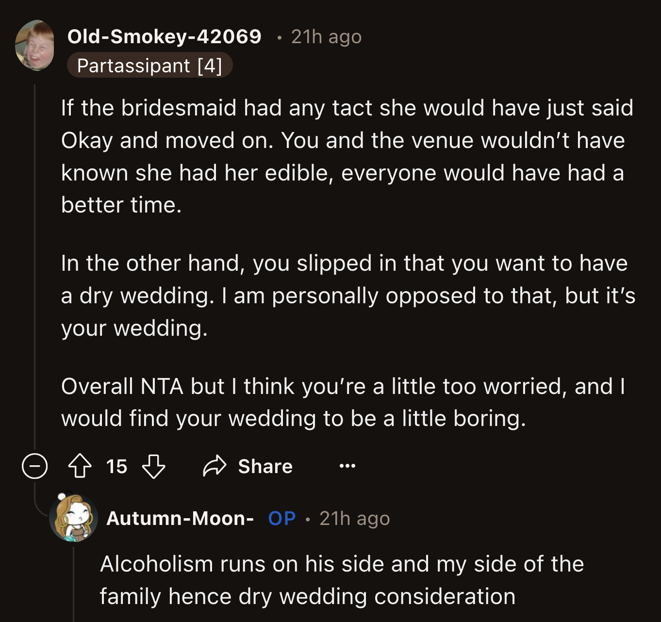 OP also explained why she and her fiancé planned to have a dry wedding. Some commenters said it was a bad idea because guests could find the wedding boring.