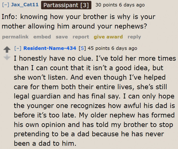 It may be better for her niblings to stop seeing their dad, but their grandma is allowing it.