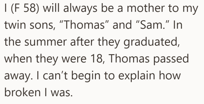 A mother starts by naming the loss that still defines her family.