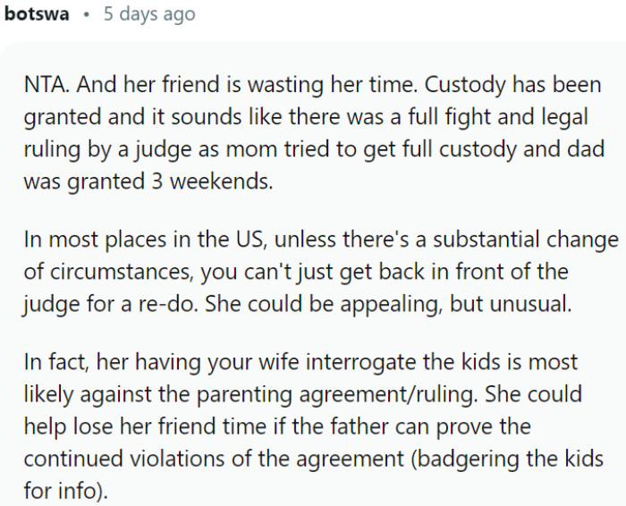 Her actions could potentially harm her case if the father proves violations of the parenting agreement