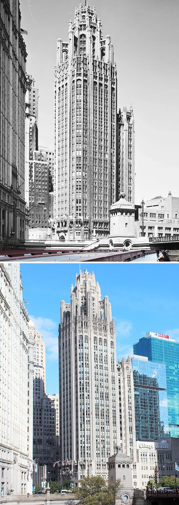 "The Tribune Tower, Located At 435 North Michigan Avenue, Seen From Across The Chicago River - 1931 And Today"