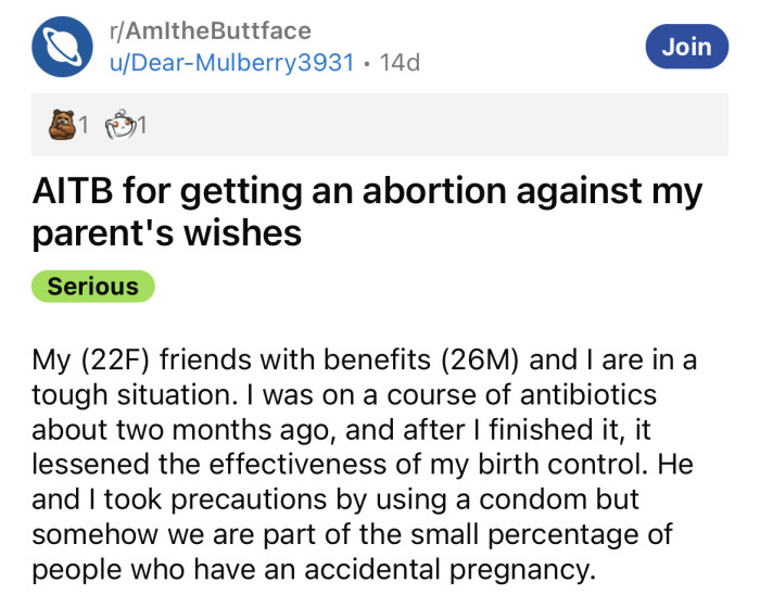 The OP asked if she's the buttface for getting an abortion against her parent's wishes.