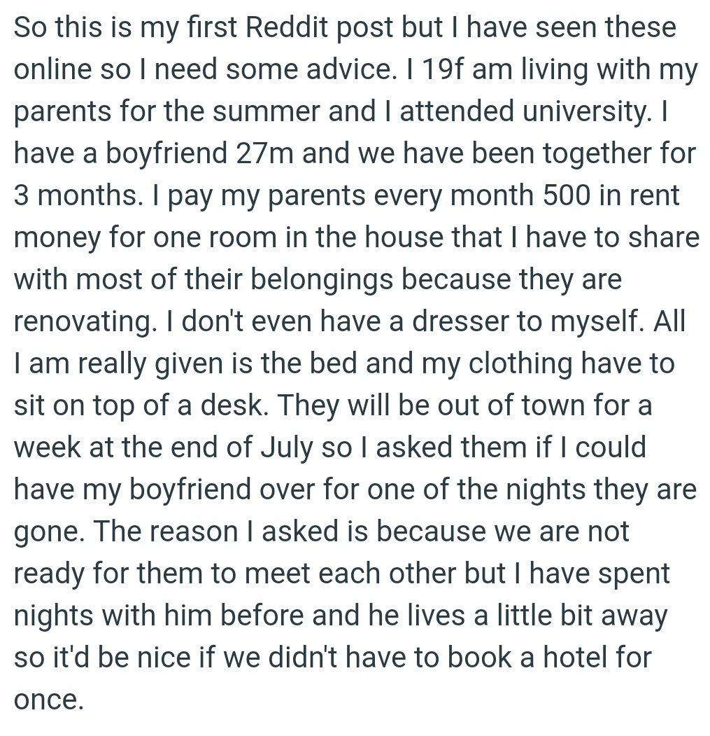 OP pays her parents every month $500 in rent money for one room in the house