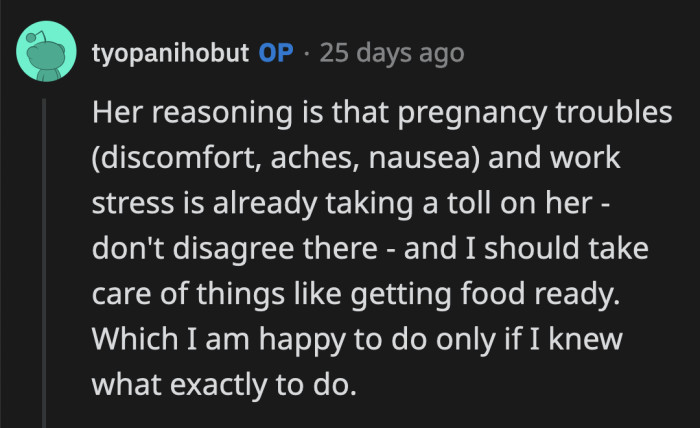 OP sounds like a good man, but it's important for his wife to help him brainstorm some food ideas. Carrying all that mental load can be exhausting.