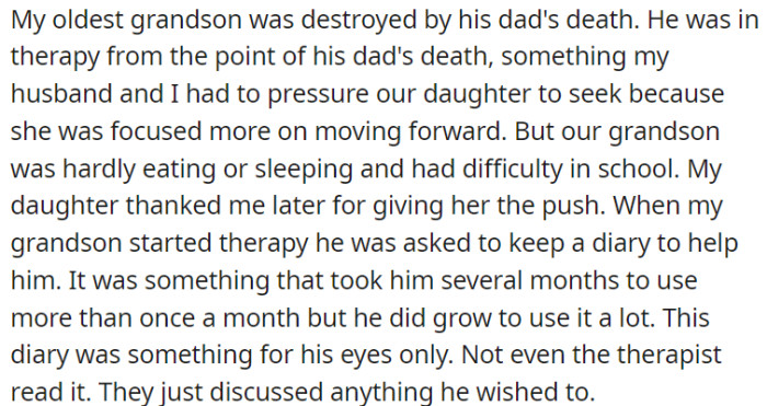 OP's oldest grandson struggled immensely after his dad's death, and it was a challenge to convince her daughter to seek therapy for him