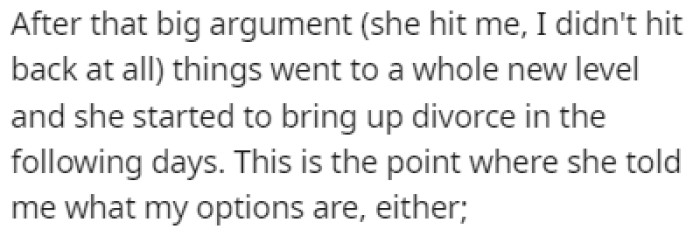 They had a big argument, and she started bringing up divorce after that
