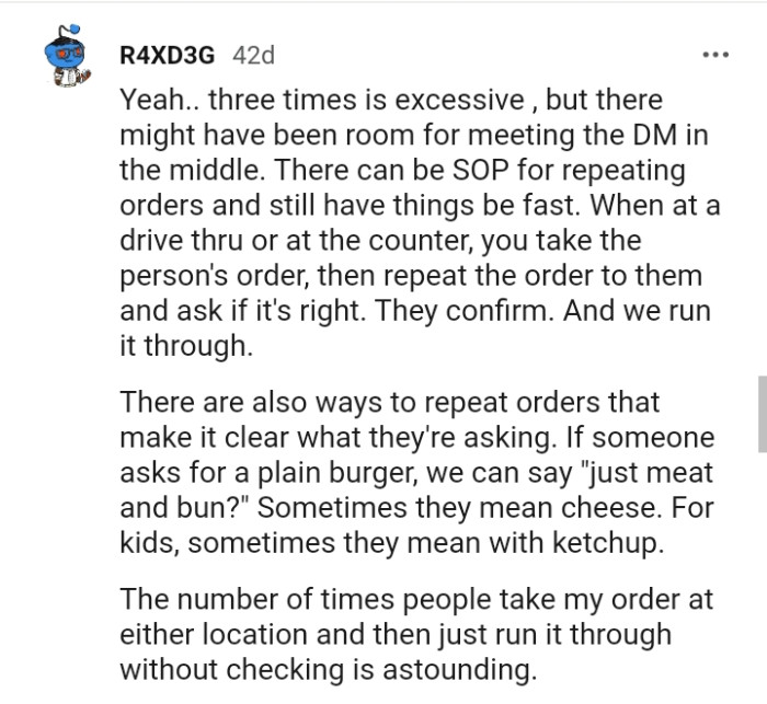 There can be SOP for repeating orders and still have things be fast