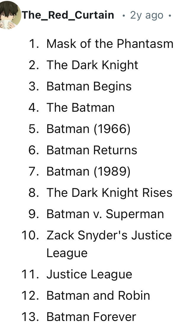 OP lists their Batman movies of all time