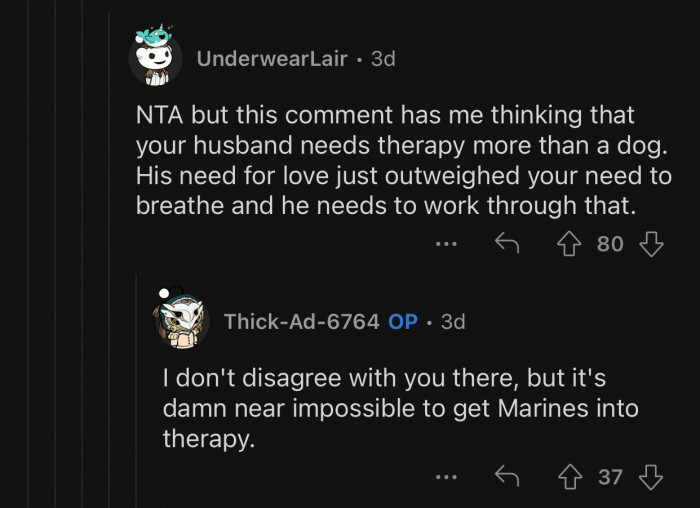 The husband needs therapy more than a dog.