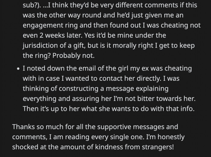 She said if the situation were reversed and she cheated on him but kept the engagement ring, people would tell the guy to get the ring back.