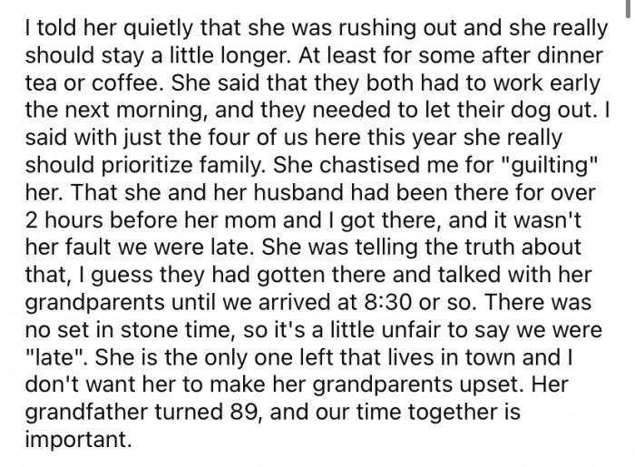 OP's daughter told him that she didn't appreciate being guilted into staying when she and her husband had already been there for two hours before he and his wife arrived.