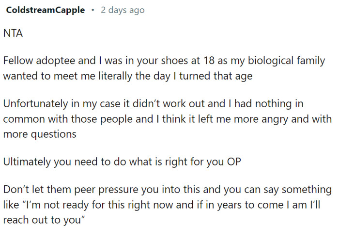 A fellow adoptee had a bad experience with meeting their bio parents